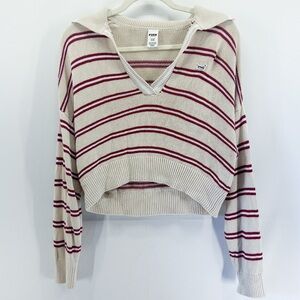 Y2K Victoria’s Secret Pink Cream Striped Polo Rugby Cambridge Knit Sweater